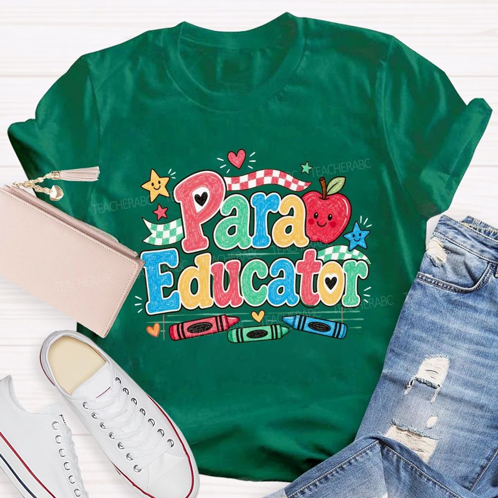Para Educator Checkerboard Ribbon Crayon Apple Teacher T-shirt