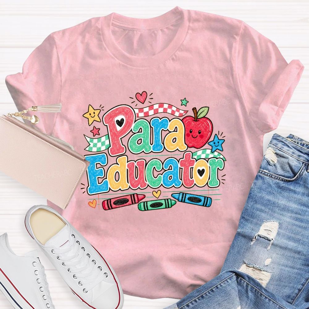 Para Educator Checkerboard Ribbon Crayon Apple Teacher T-shirt