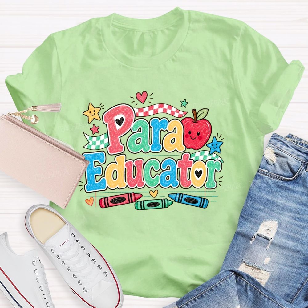 Para Educator Checkerboard Ribbon Crayon Apple Teacher T-shirt
