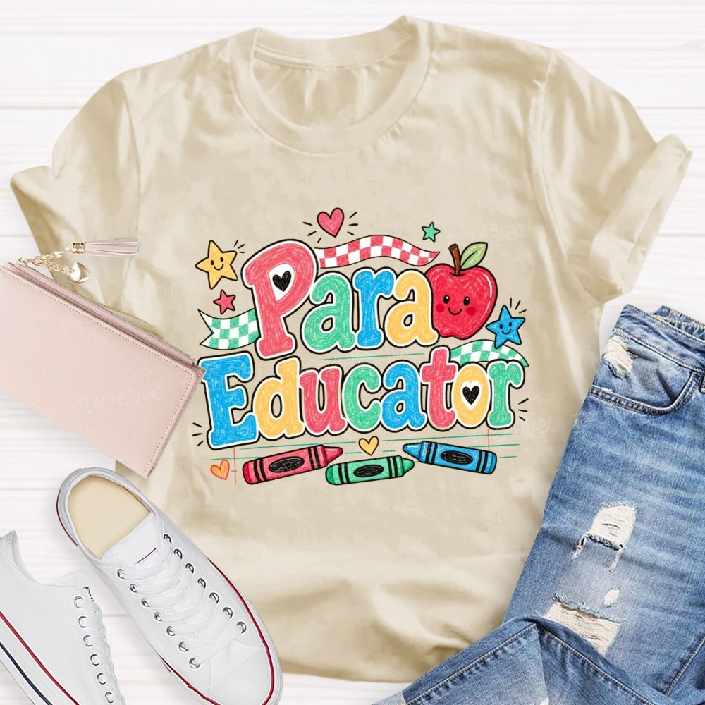 Para Educator Checkerboard Ribbon Crayon Apple Teacher T-shirt