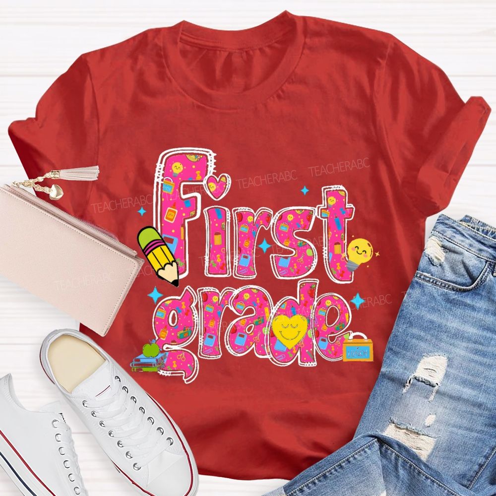 Personalized Grade Lovely Face Heart Teacher T-Shirt