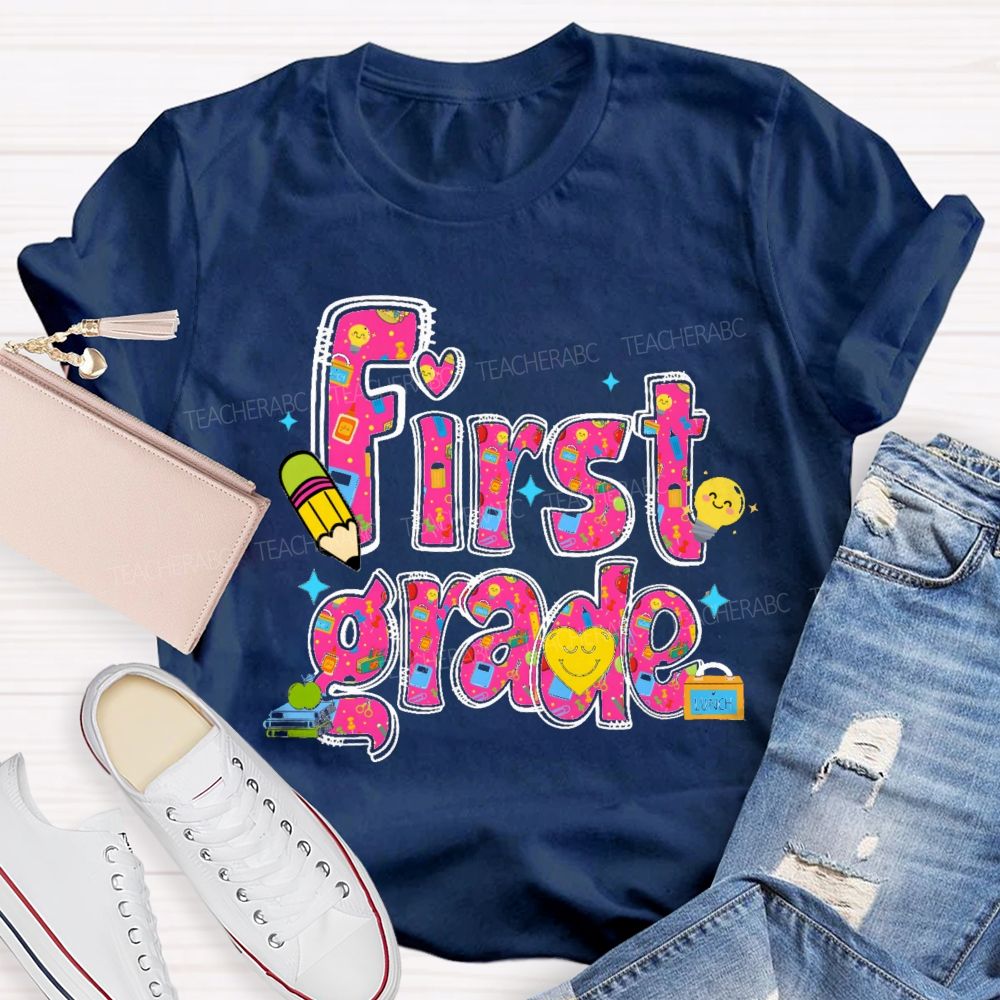 Personalized Grade Lovely Face Heart Teacher T-Shirt