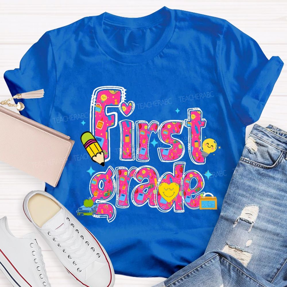 Personalized Grade Lovely Face Heart Teacher T-Shirt