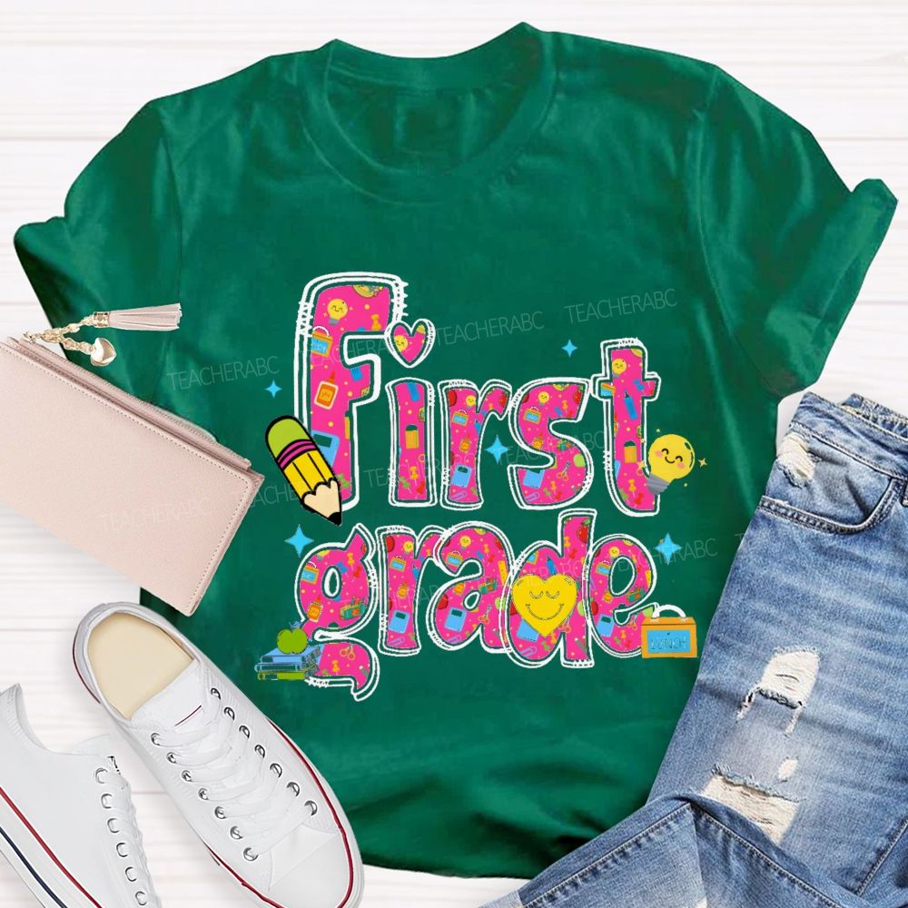 Personalized Grade Lovely Face Heart Teacher T-Shirt