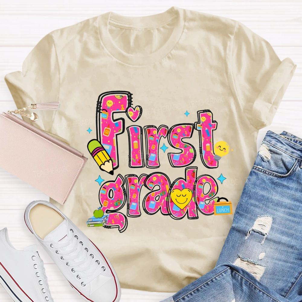 Personalized Grade Lovely Face Heart Teacher T-Shirt