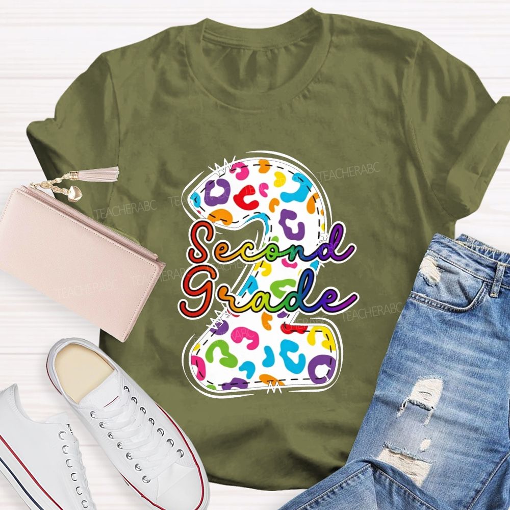Personalized Grade Rainbow Leopard Print Second Grade Teacher T-shirt