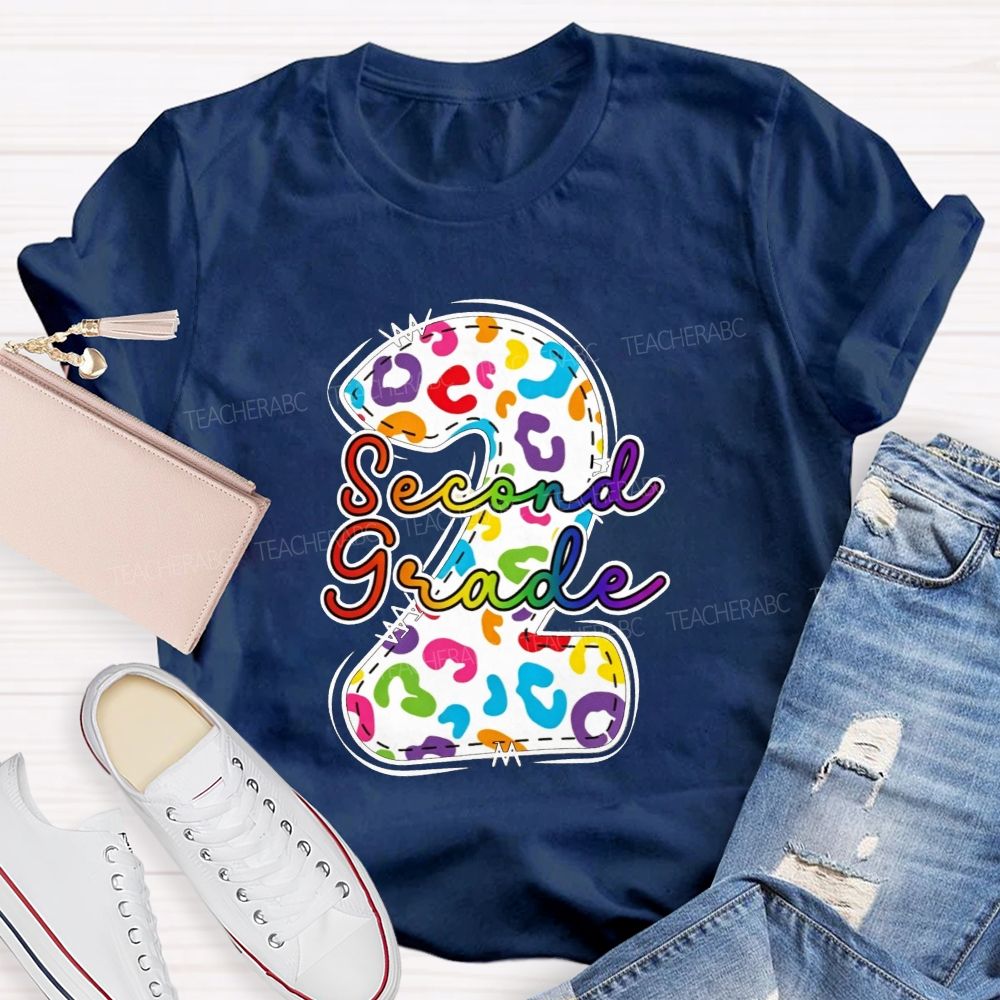 Personalized Grade Rainbow Leopard Print Second Grade Teacher T-shirt