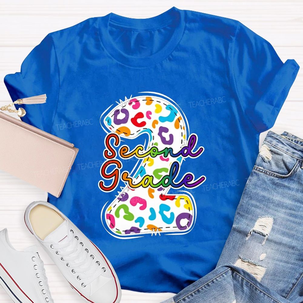 Personalized Grade Rainbow Leopard Print Second Grade Teacher T-shirt