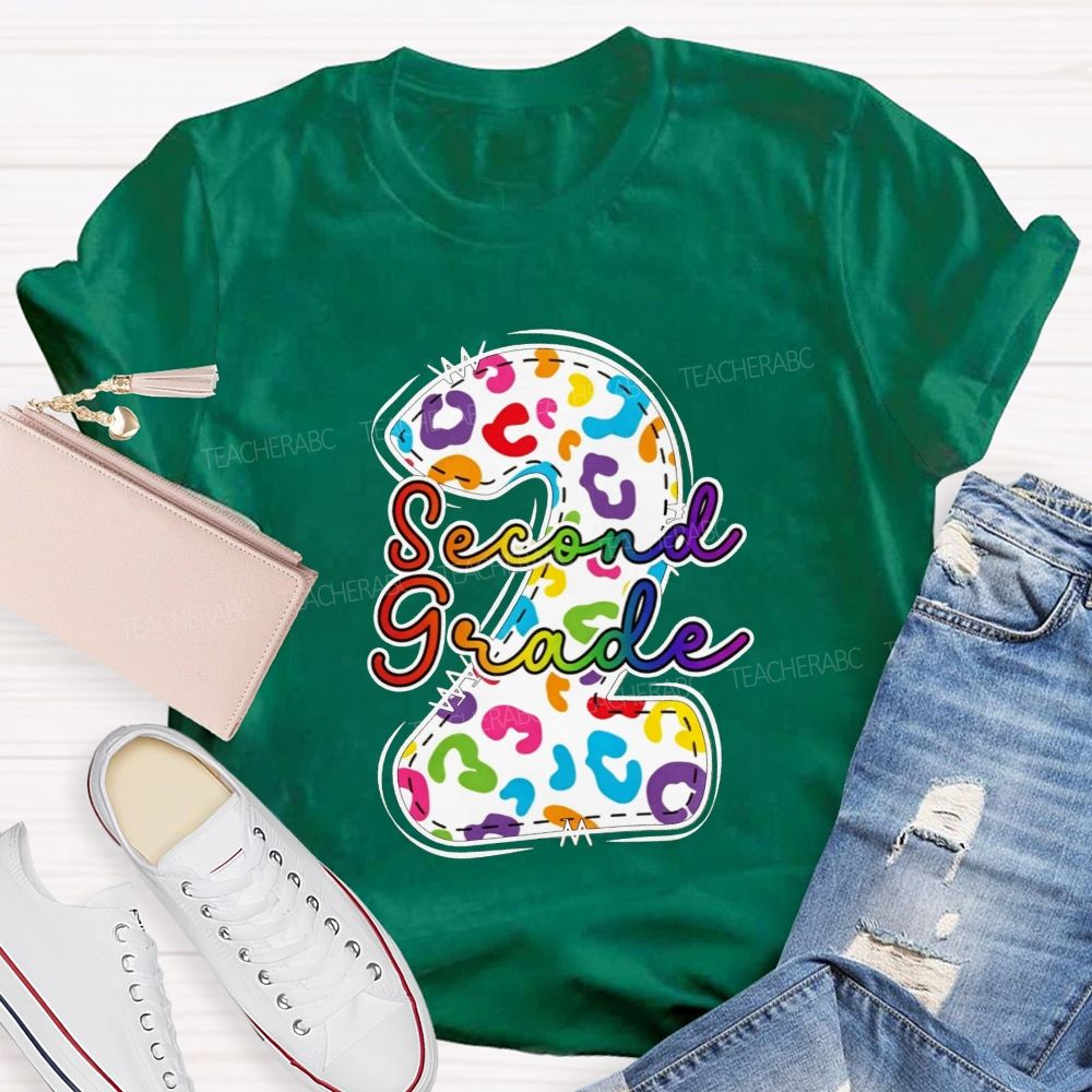 Personalized Grade Rainbow Leopard Print Second Grade Teacher T-shirt