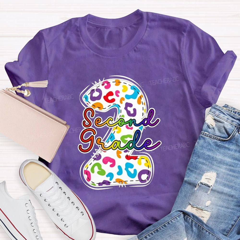 Personalized Grade Rainbow Leopard Print Second Grade Teacher T-shirt