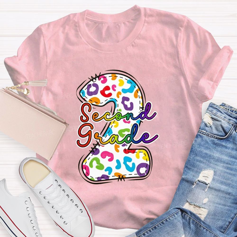Personalized Grade Rainbow Leopard Print Second Grade Teacher T-shirt