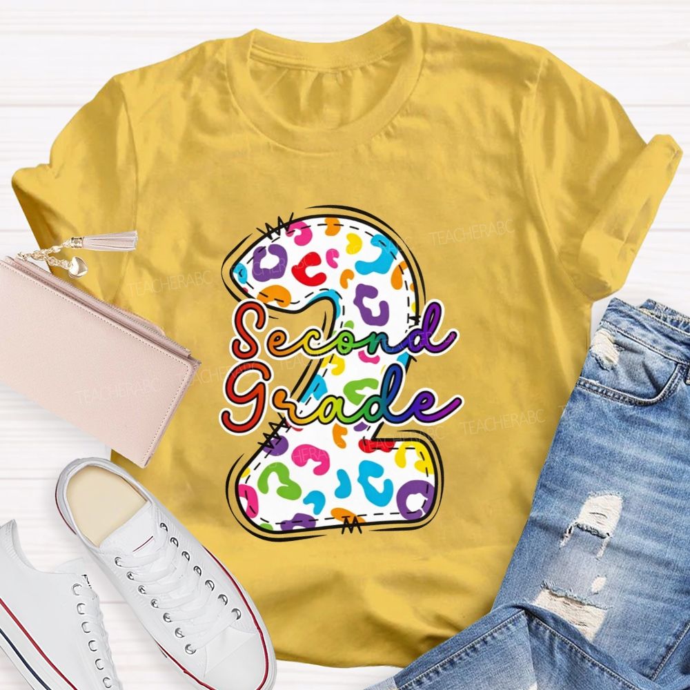 Personalized Grade Rainbow Leopard Print Second Grade Teacher T-shirt