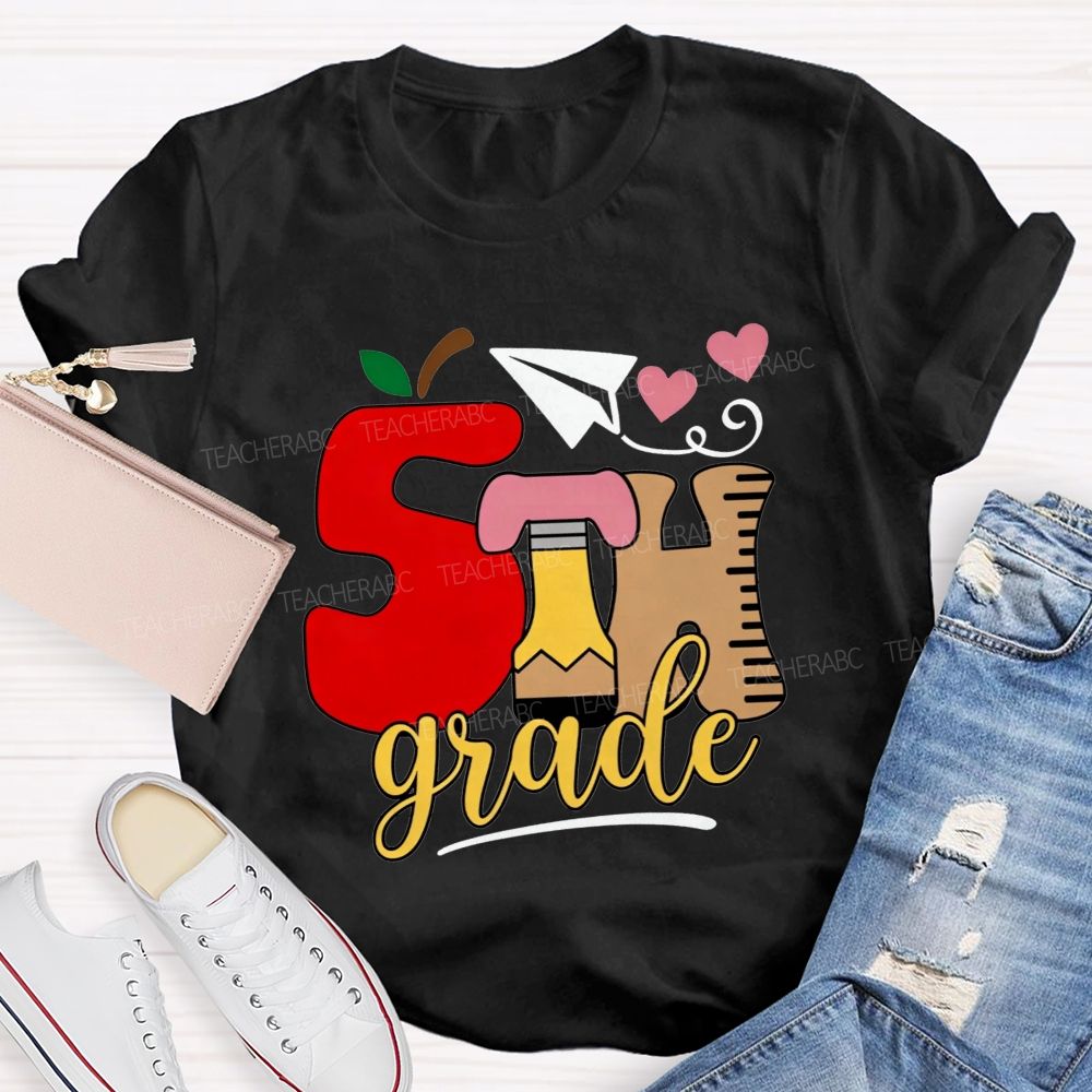 Personalized Grade 5th Grade Apple Pencil Ruler Paper Plane Heart Teacher T-shirt