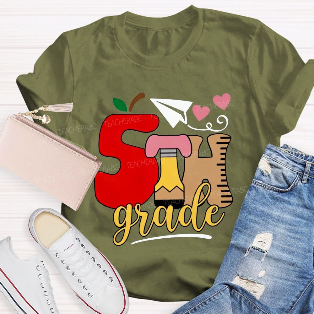 Personalized Grade 5th Grade Apple Pencil Ruler Paper Plane Heart Teacher T-shirt