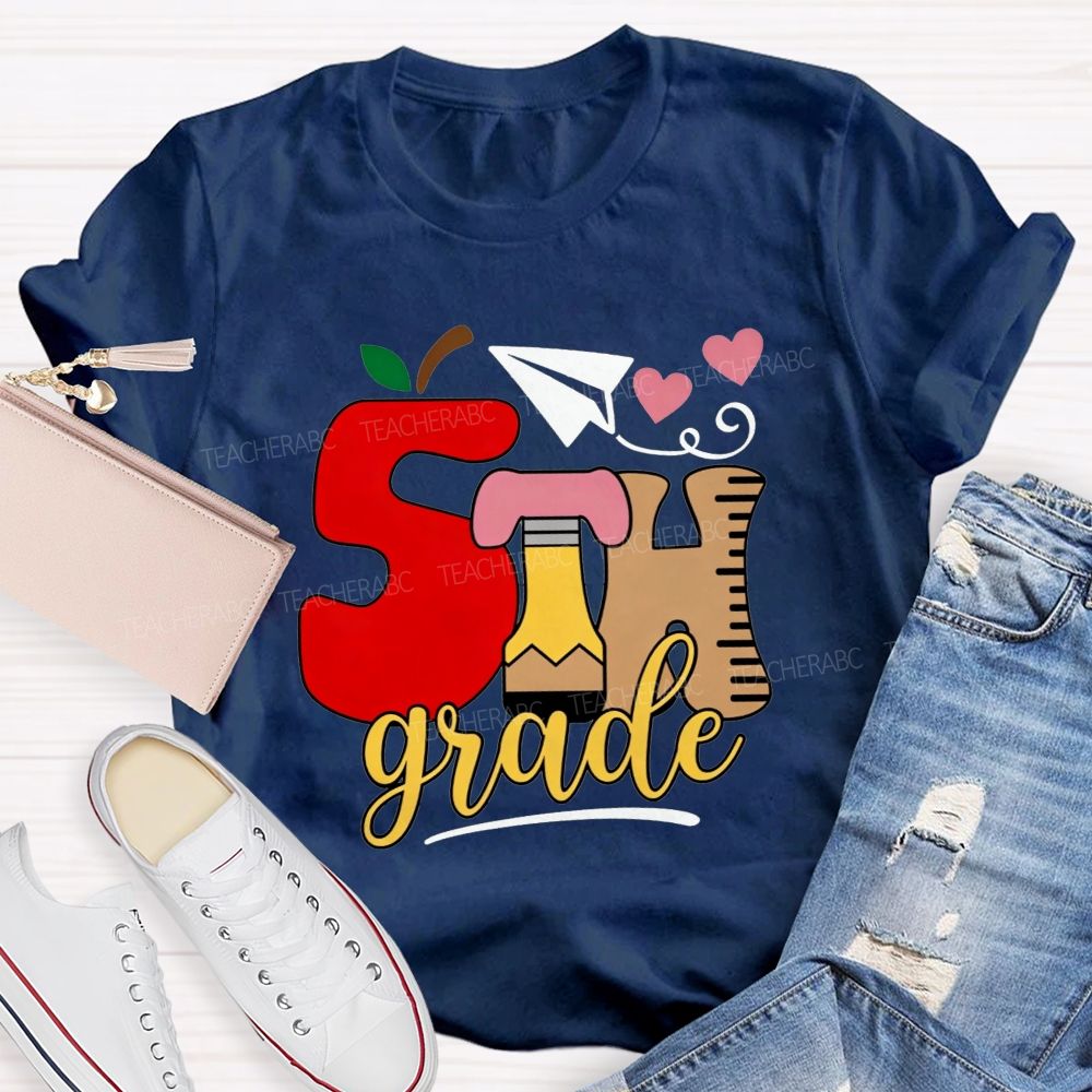 Personalized Grade 5th Grade Apple Pencil Ruler Paper Plane Heart Teacher T-shirt