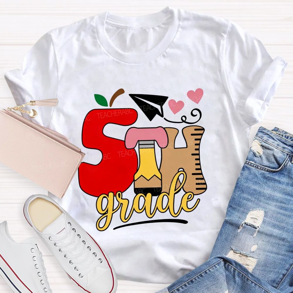 Personalized Grade 5th Grade Apple Pencil Ruler Paper Plane Heart Teacher T-shirt