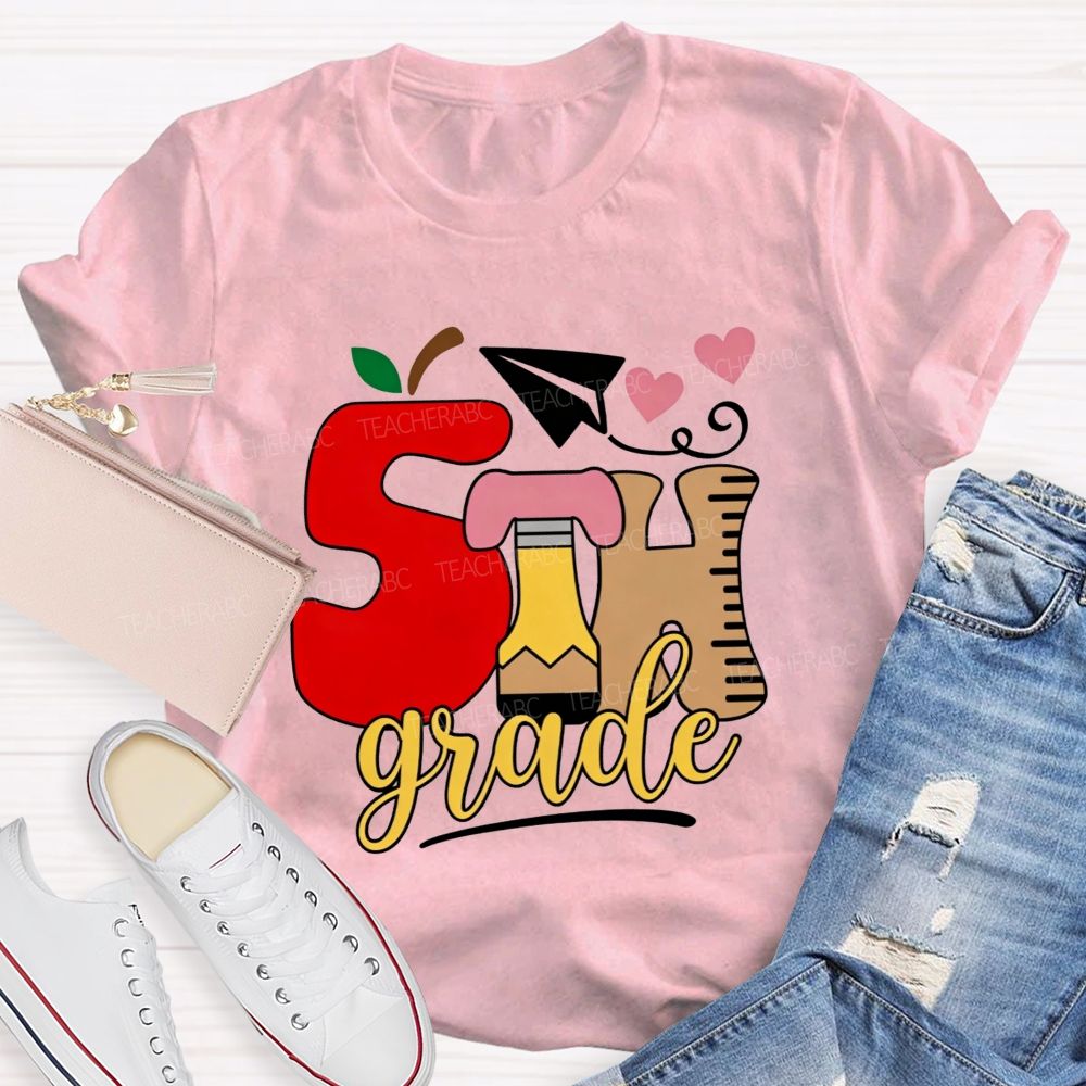 Personalized Grade 5th Grade Apple Pencil Ruler Paper Plane Heart Teacher T-shirt