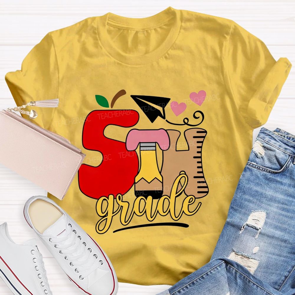 Personalized Grade 5th Grade Apple Pencil Ruler Paper Plane Heart Teacher T-shirt
