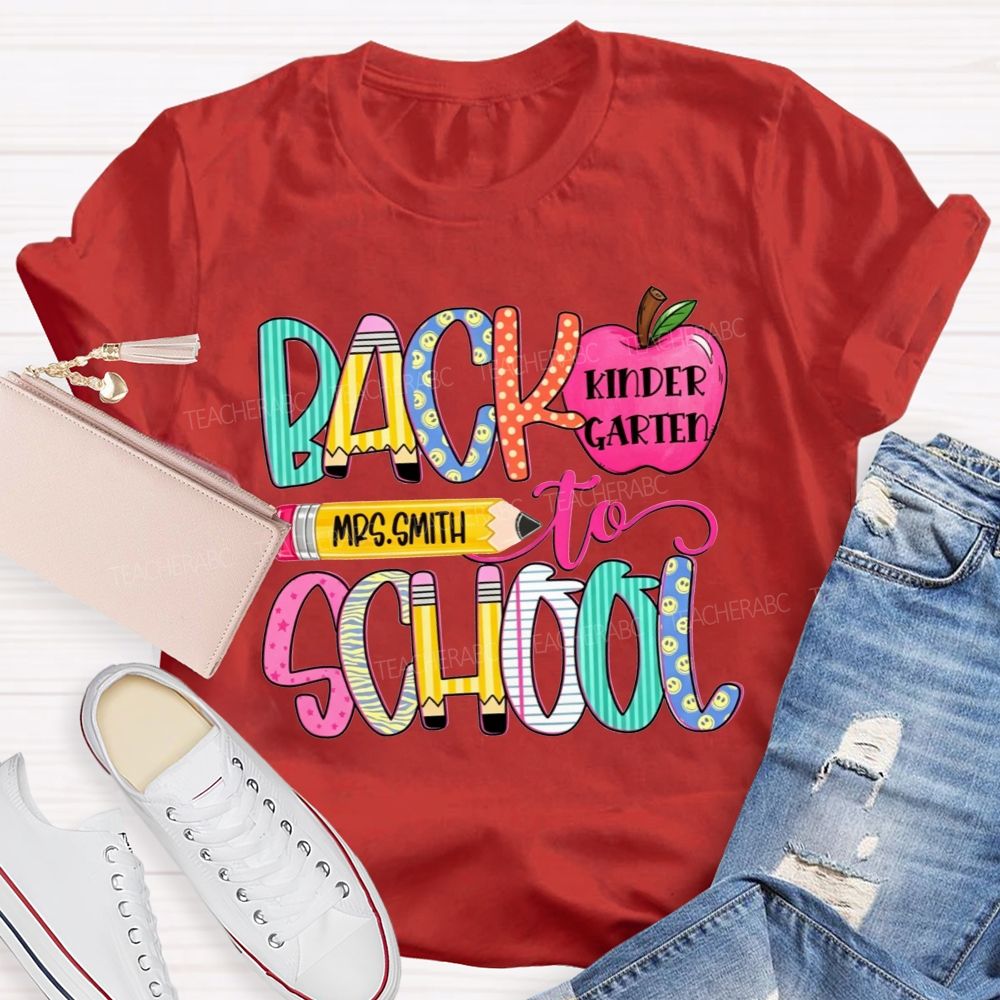 Personalized Name And Grade Back To School Pencil Apple Teacher T-shirt