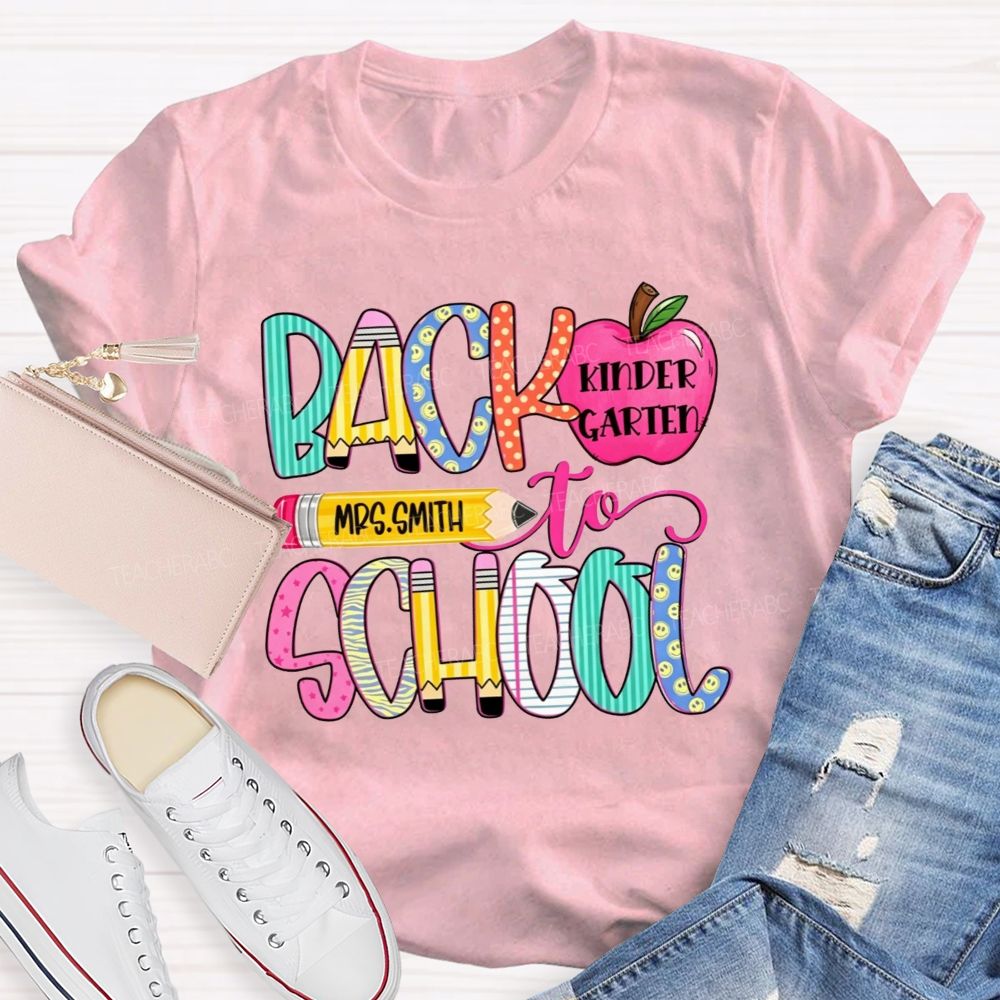 Personalized Name And Grade Back To School Pencil Apple Teacher T-shirt