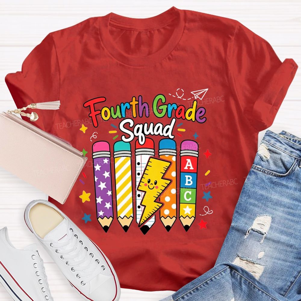 Personalized Grade Fourth Grade Squad Colorful Pattern Pencil Lightning Teacher T-shirt