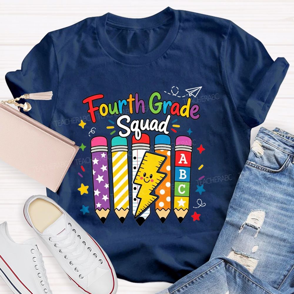 Personalized Grade Fourth Grade Squad Colorful Pattern Pencil Lightning Teacher T-shirt