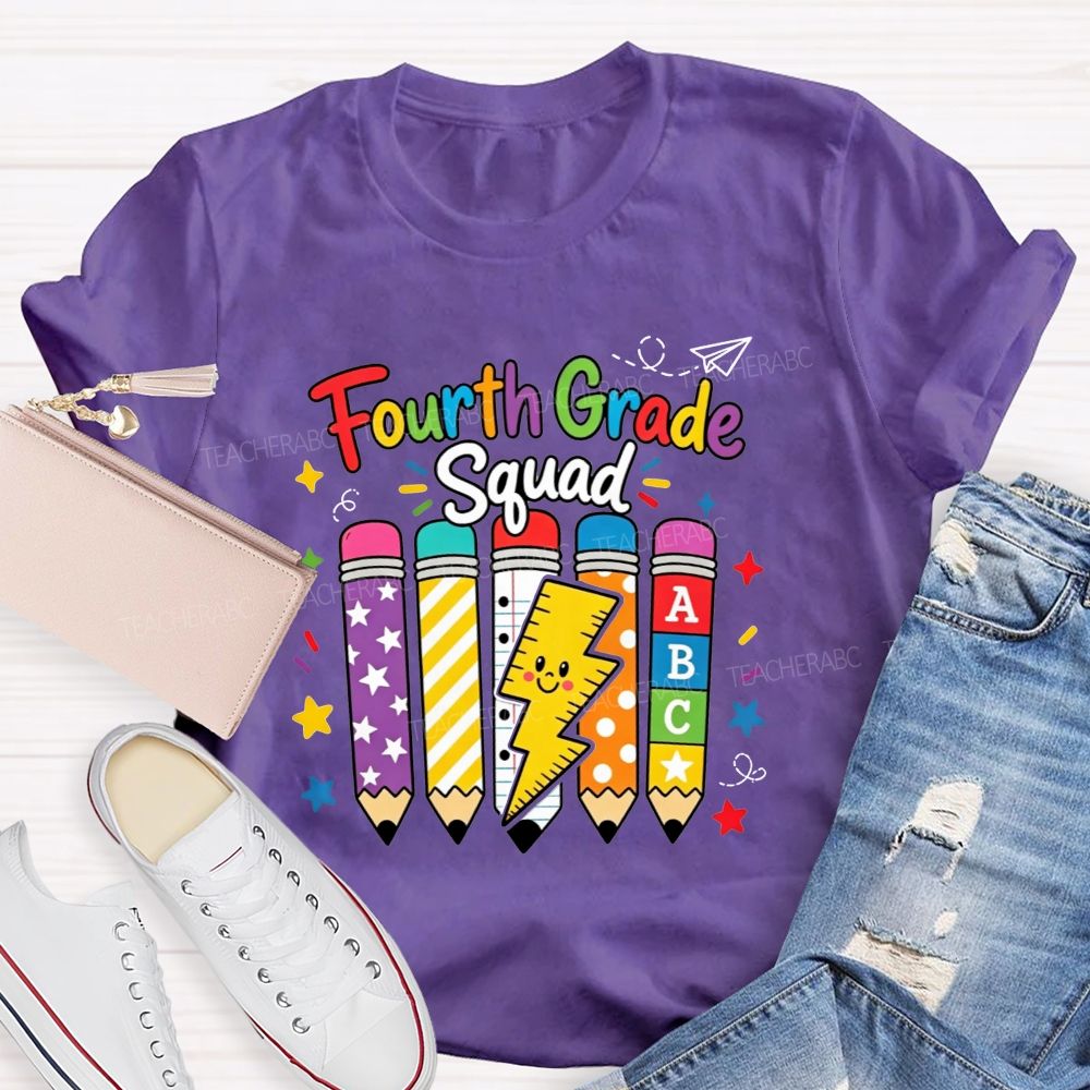 Personalized Grade Fourth Grade Squad Colorful Pattern Pencil Lightning Teacher T-shirt