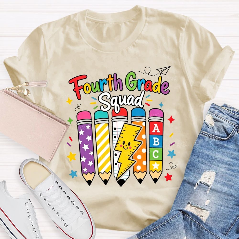 Personalized Grade Fourth Grade Squad Colorful Pattern Pencil Lightning Teacher T-shirt
