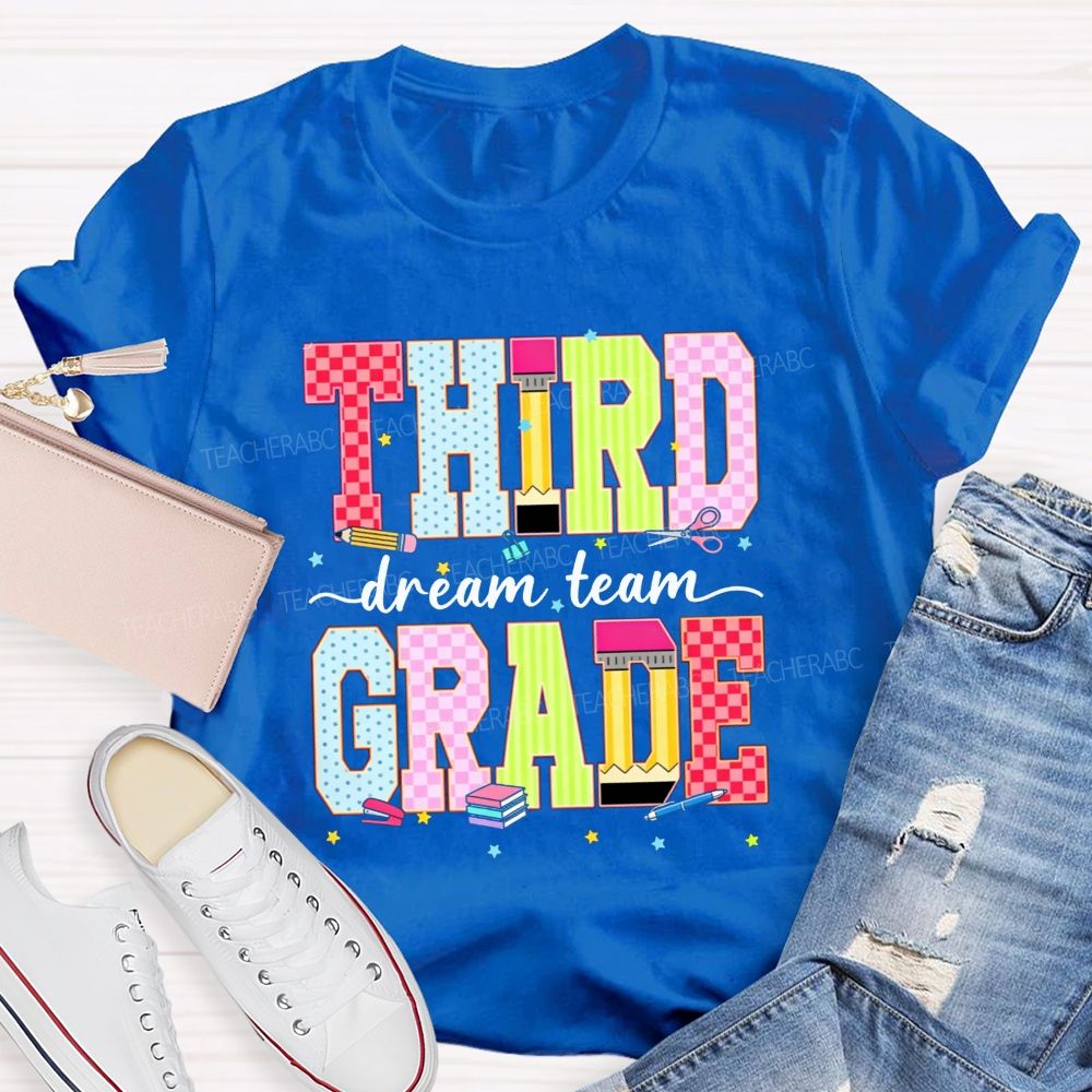 Personalized Grade Third Grade Dream Team Check Polka Dot Striped Pencil Teacher T-shirt