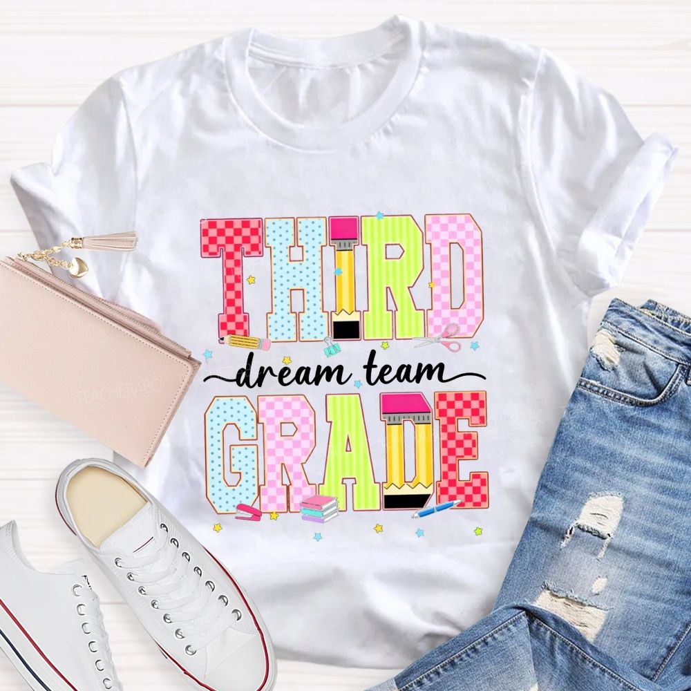 Personalized Grade Third Grade Dream Team Check Polka Dot Striped Pencil Teacher T-shirt