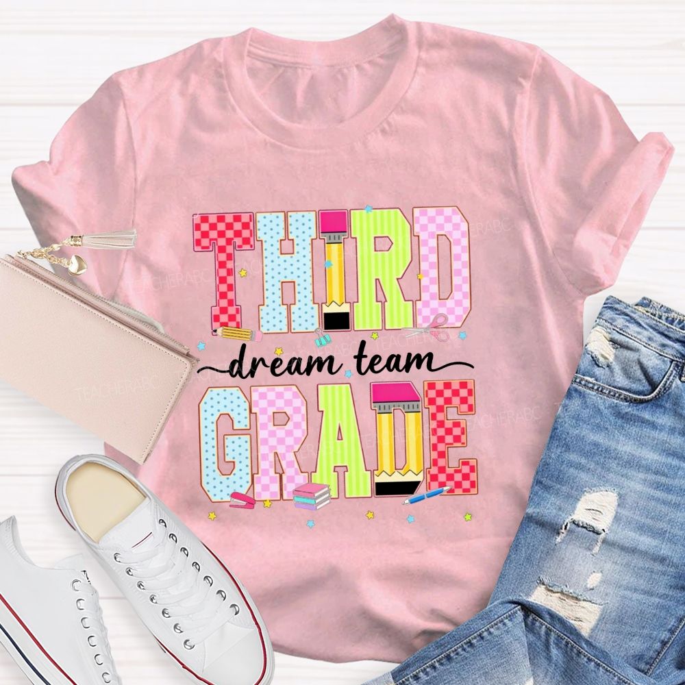Personalized Grade Third Grade Dream Team Check Polka Dot Striped Pencil Teacher T-shirt