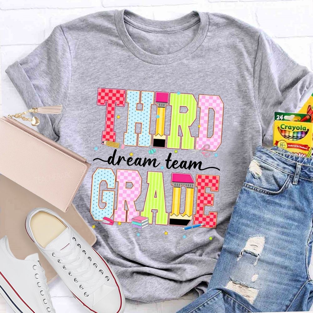 Personalized Grade Third Grade Dream Team Check Polka Dot Striped Pencil Teacher T-shirt