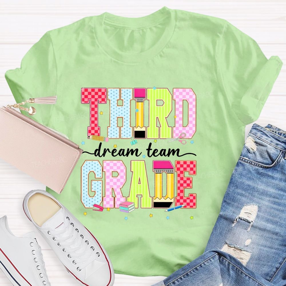 Personalized Grade Third Grade Dream Team Check Polka Dot Striped Pencil Teacher T-shirt