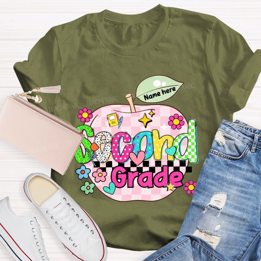 Personalized Name And Grade Pink Check Apple Teacher T-shirt