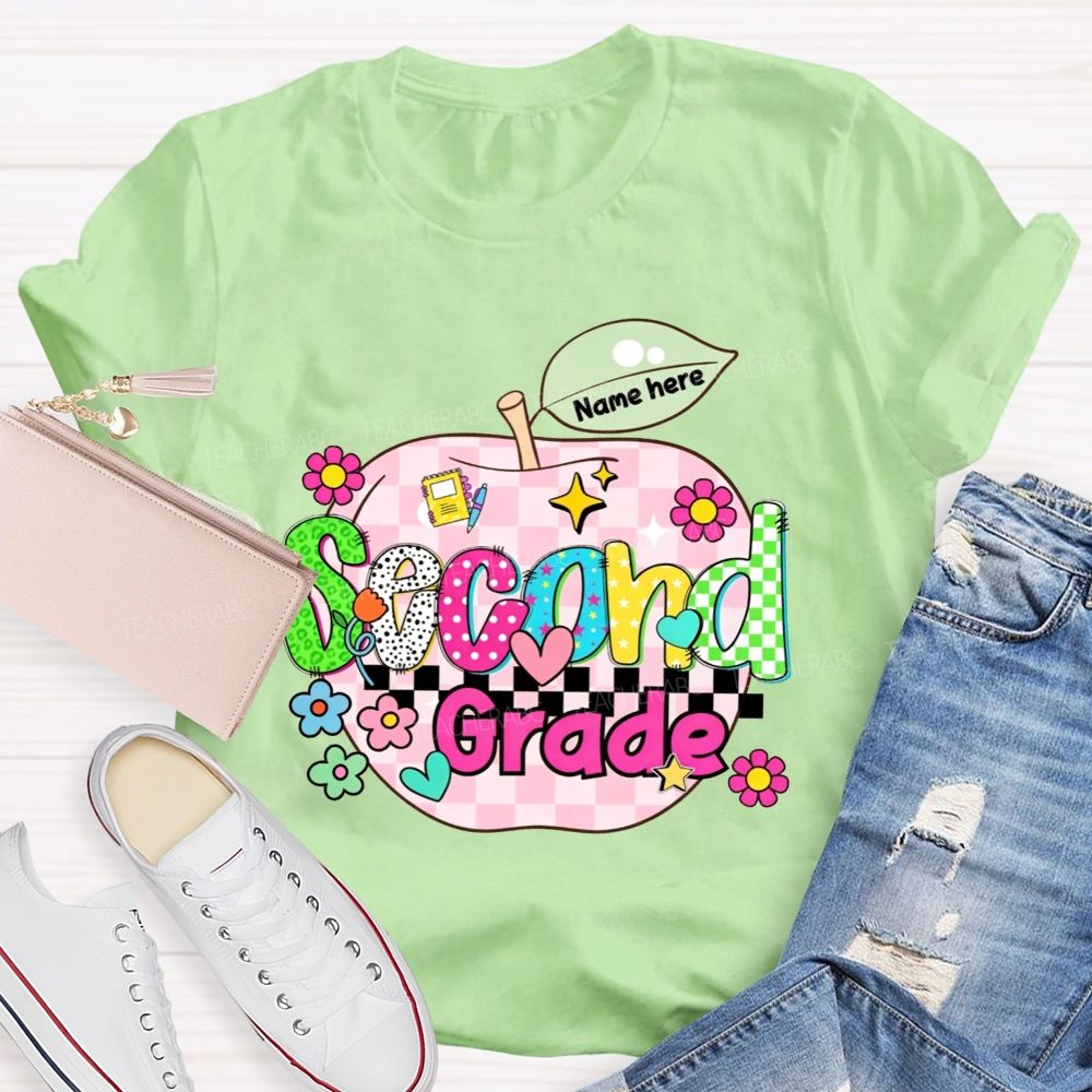 Personalized Name And Grade Pink Check Apple Teacher T-shirt