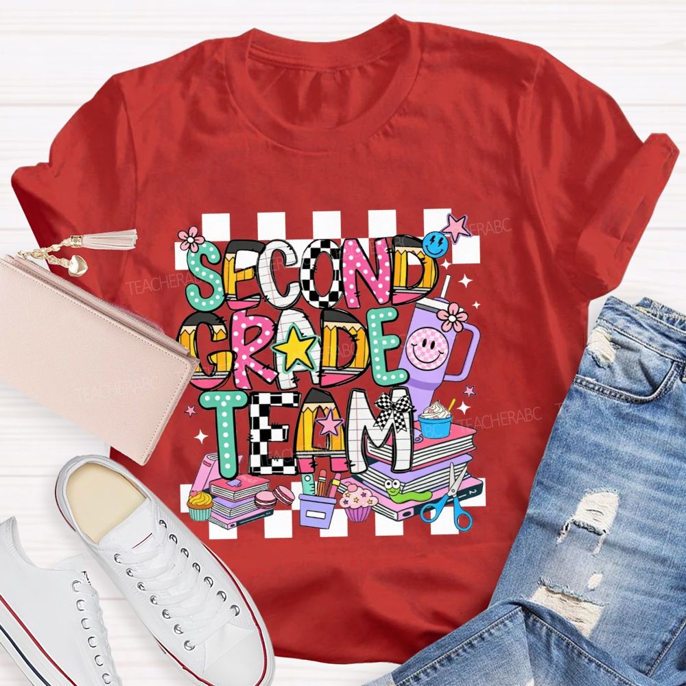Personalized Grade Second Grade Team Checkerboard Pencil Teacher T-shirt