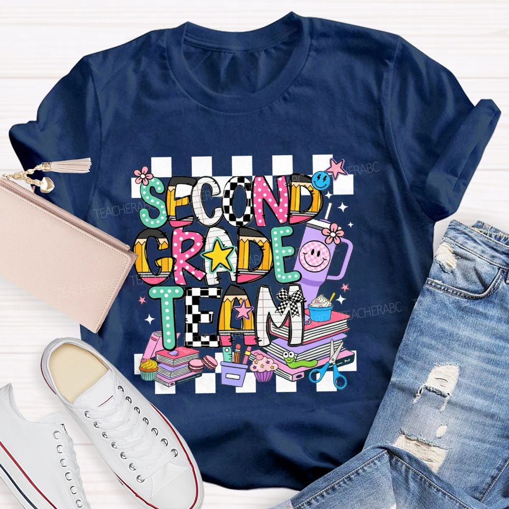 Personalized Grade Second Grade Team Checkerboard Pencil Teacher T-shirt