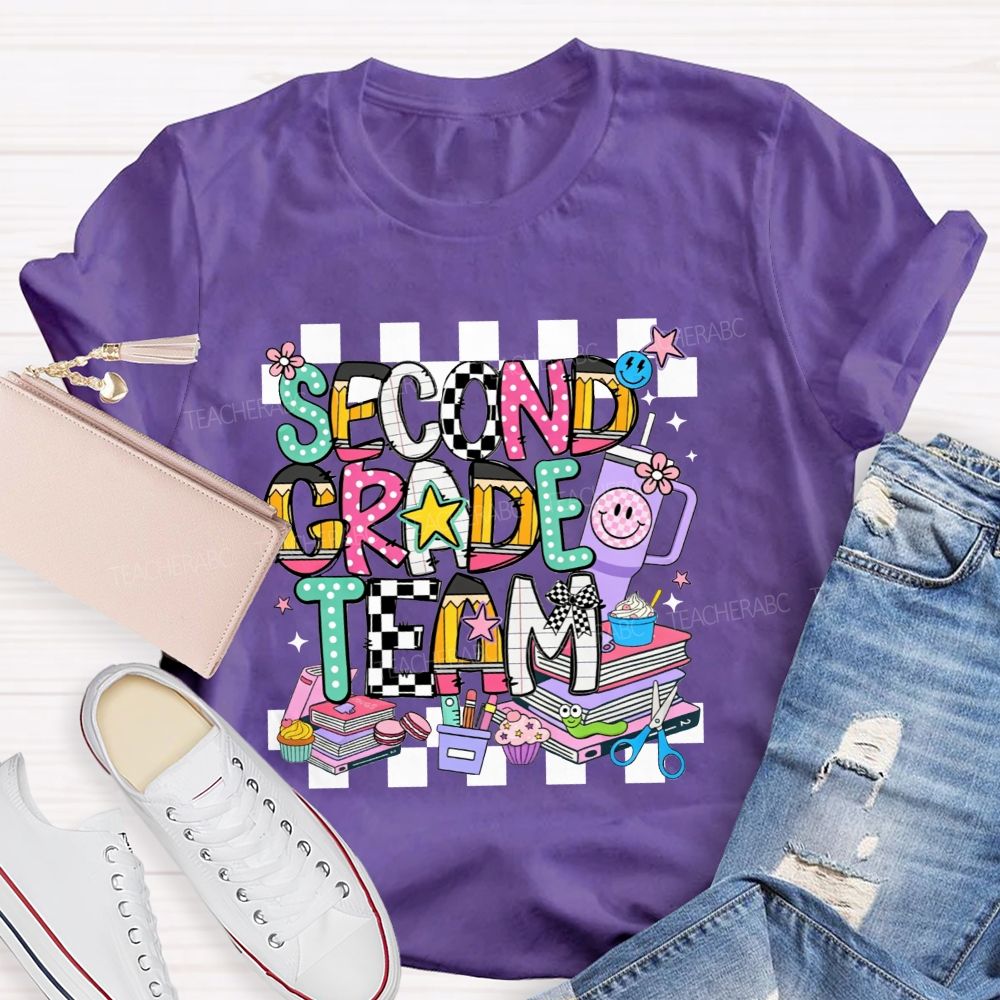 Personalized Grade Second Grade Team Checkerboard Pencil Teacher T-shirt