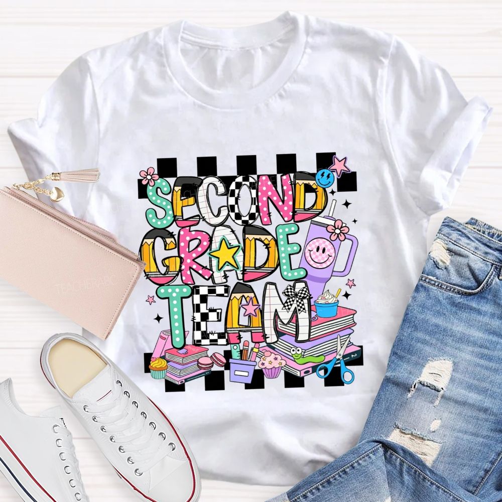 Personalized Grade Second Grade Team Checkerboard Pencil Teacher T-shirt