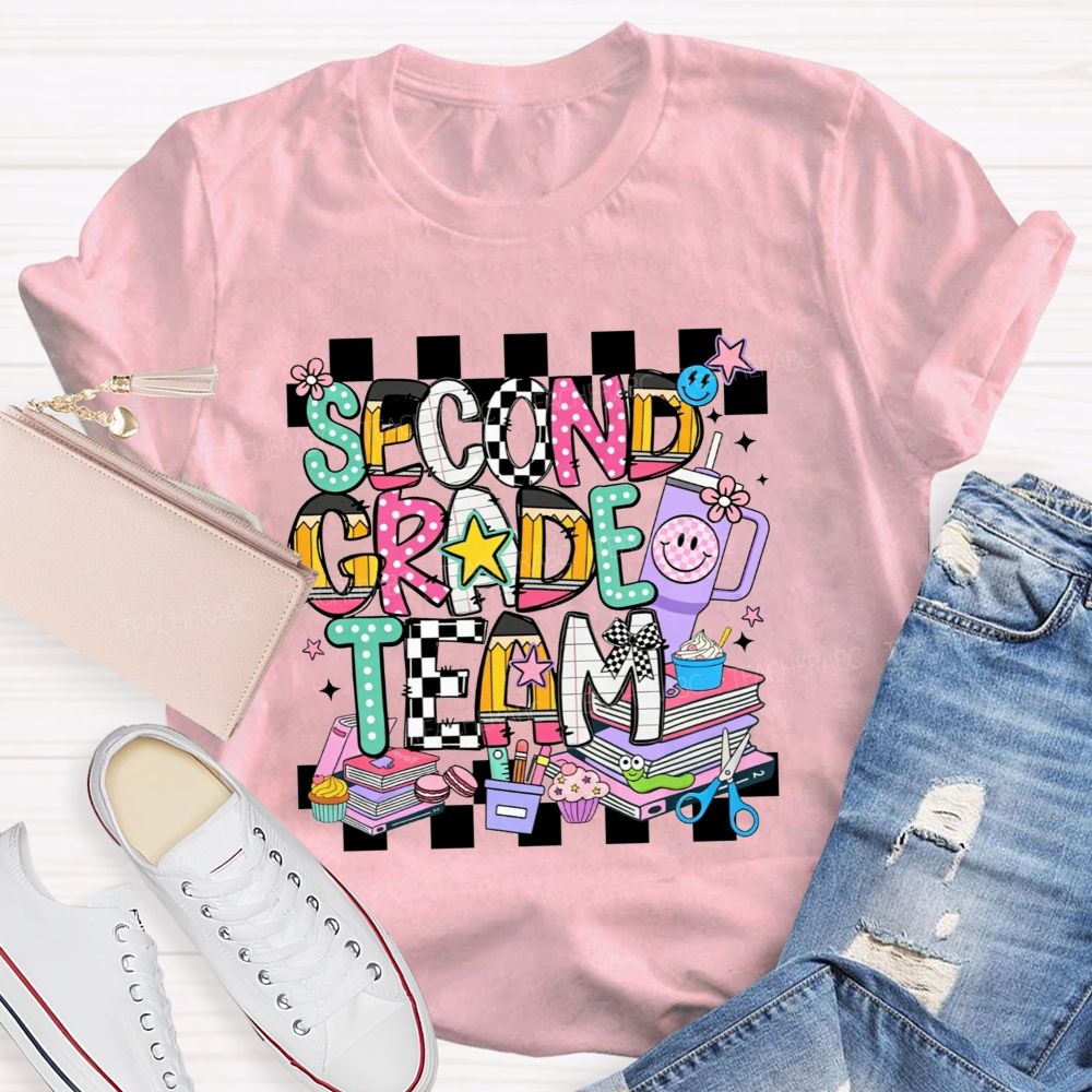 Personalized Grade Second Grade Team Checkerboard Pencil Teacher T-shirt