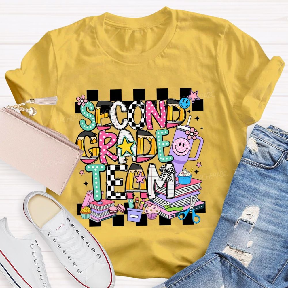 Personalized Grade Second Grade Team Checkerboard Pencil Teacher T-shirt