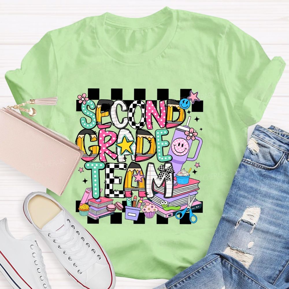 Personalized Grade Second Grade Team Checkerboard Pencil Teacher T-shirt