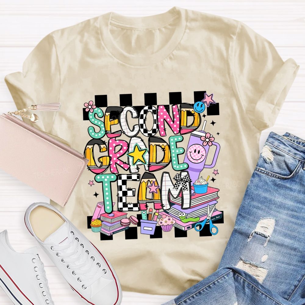 Personalized Grade Second Grade Team Checkerboard Pencil Teacher T-shirt