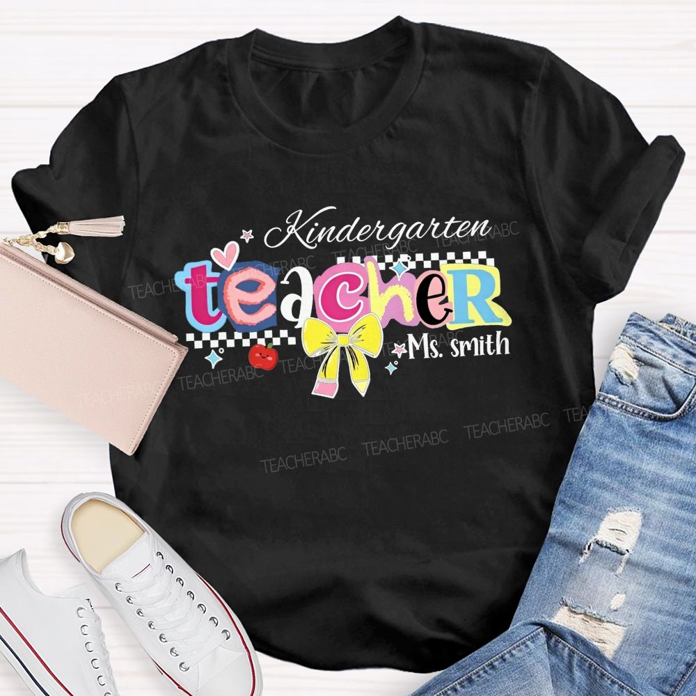 Personalized Name And Grade Kindergarten Teacher Color Bubble Letter Teacher T-shirt