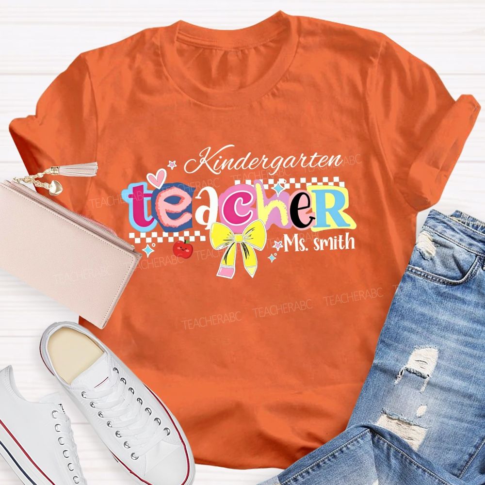 Personalized Name And Grade Kindergarten Teacher Color Bubble Letter Teacher T-shirt