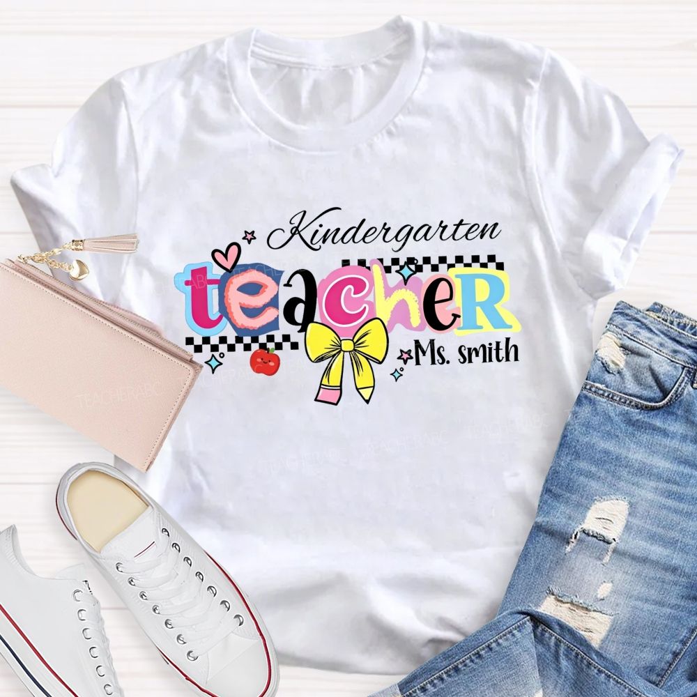 Personalized Name And Grade Kindergarten Teacher Color Bubble Letter Teacher T-shirt