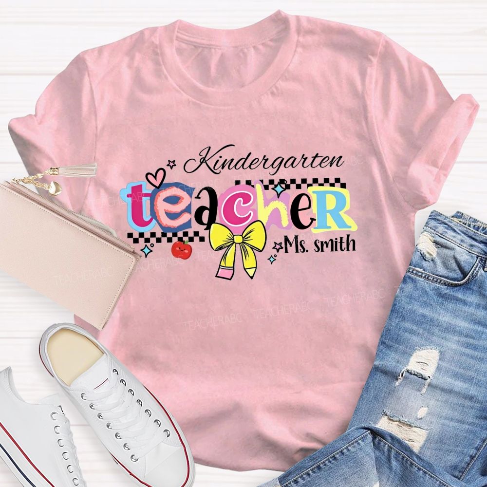 Personalized Name And Grade Kindergarten Teacher Color Bubble Letter Teacher T-shirt