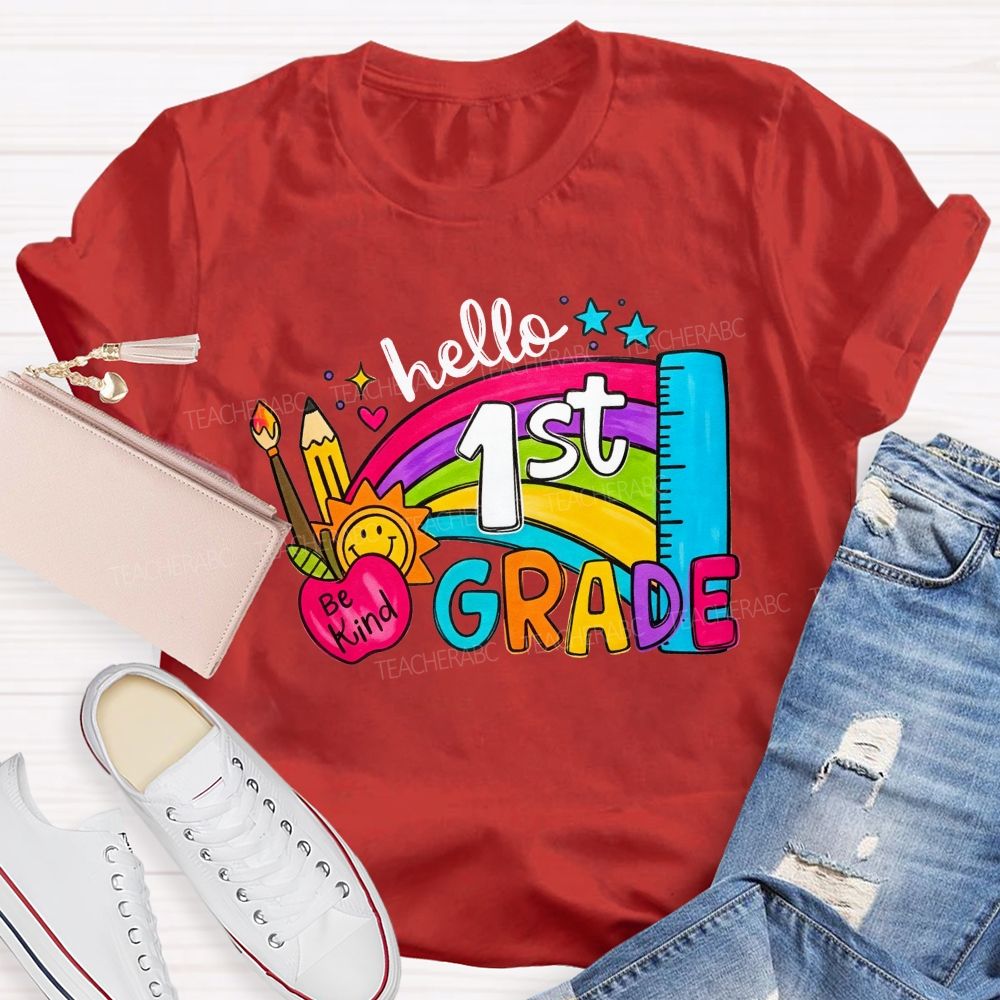 Personalized Grade Hello 1st Grade Rainbow Be Kind Apple Teacher T-shirt