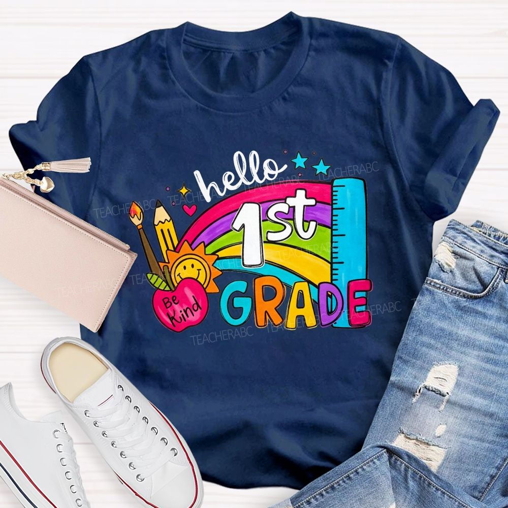 Personalized Grade Hello 1st Grade Rainbow Be Kind Apple Teacher T-shirt