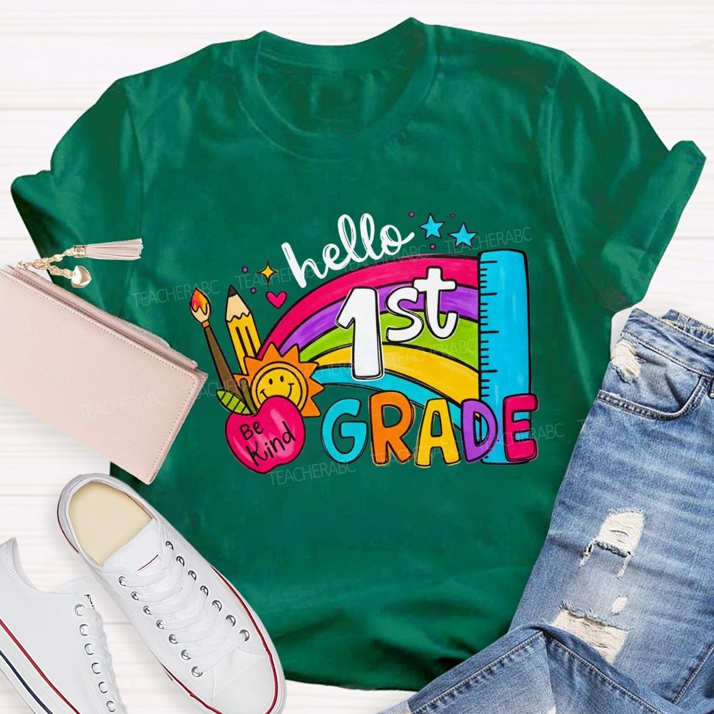Personalized Grade Hello 1st Grade Rainbow Be Kind Apple Teacher T-shirt
